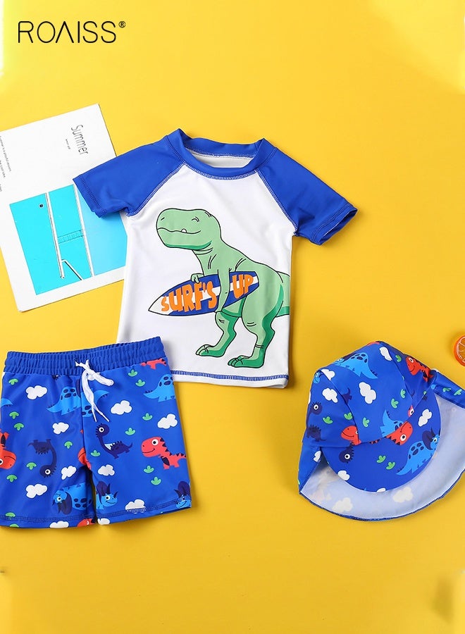 roaiss Boys 3PCS Swimsuit, Quick-drying Swim Set with Dinosaur Top, Drawstring Shorts and Sunscreen Hat, Summer Bathing Suit, Rash Guard Short Sleeve Swimsuits  - Image 1