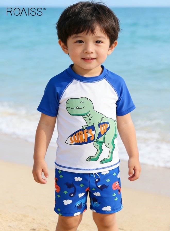 roaiss Boys 3PCS Swimsuit with Hat, Quick-drying Swim Set with Dinosaur Top, Elastic Waist Shorts and Sunhat, Summer Bathing Suit for Boys, Breathable Skin-friendly Rash Guard Swimsuits - Image 1