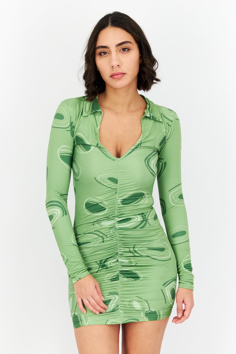 PUBLIC DESIRE Women Allover Print Long Sleeves Mini Dress  , Green Combo - Image 1