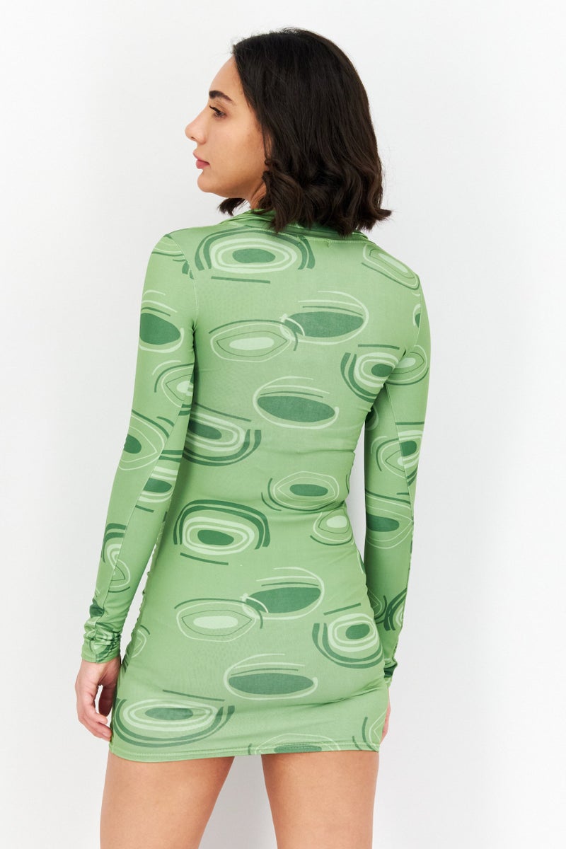 PUBLIC DESIRE Women Allover Print Long Sleeves Mini Dress  , Green Combo - Image 2