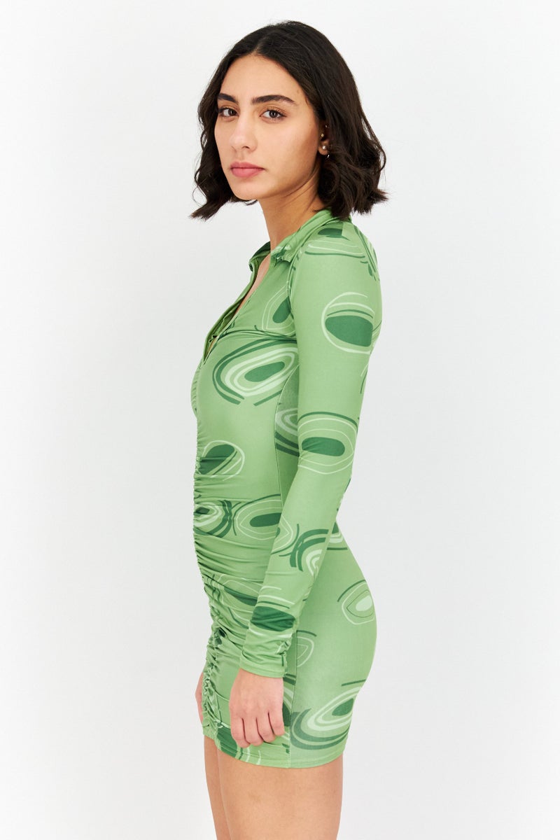 PUBLIC DESIRE Women Allover Print Long Sleeves Mini Dress  , Green Combo - Image 4
