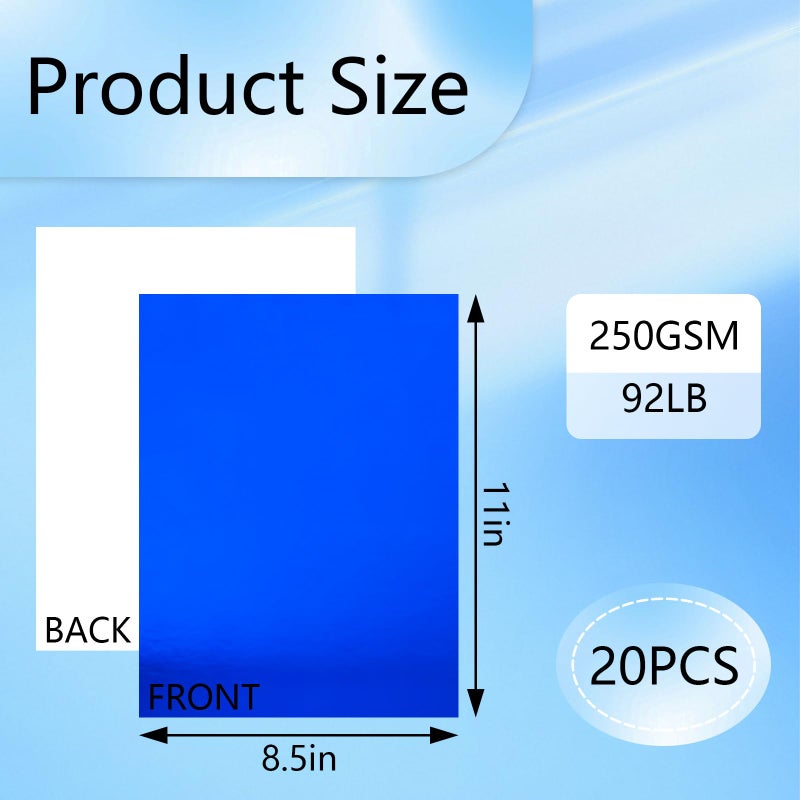 Bazyrock 20 Sheets Blue Metallic Cardstock Paper 8.5 x 11in,250GSM Mirror Finish Surface Foil Board Perfect for Crafting, Invitations & Decorations (Blue) - Image 2