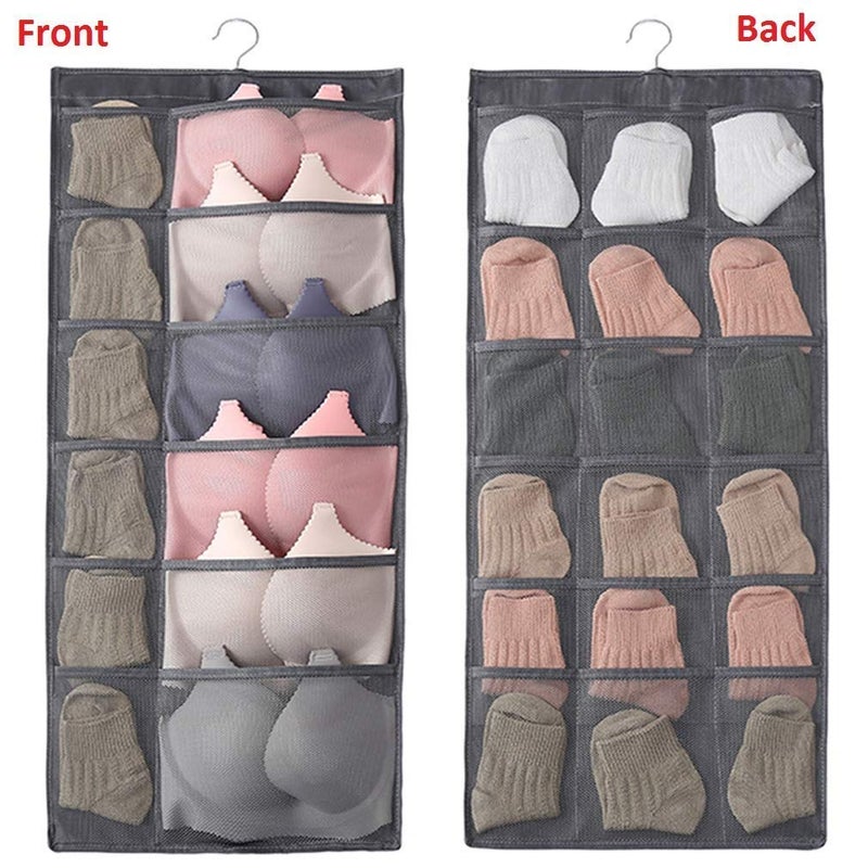 KOYET Fabric Brass Finish Double Sided 30 Pockets Clear Hanging Bag Socks Bra Underwear Rack Hanger Storage Organizer Wall Hanging Closet Shelves Storage Pockets Grey 1PCS - Image 5