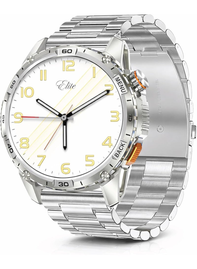 Xcell ELITE8 Smartwatch 1.43" AMOLED Display | Bluetooth Calling | IP67 Waterproof | Wireless Charging | Heart Rate, SpO2 Monitor | Multi-Sport Modes | iOS/Android-Silver Frame with Silver Metal Strap - Image 1