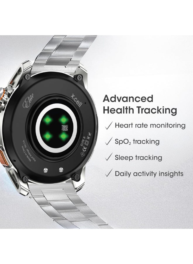 Xcell ELITE8 Smartwatch 1.43" AMOLED Display | Bluetooth Calling | IP67 Waterproof | Wireless Charging | Heart Rate, SpO2 Monitor | Multi-Sport Modes | iOS/Android-Silver Frame with Silver Metal Strap - Image 3