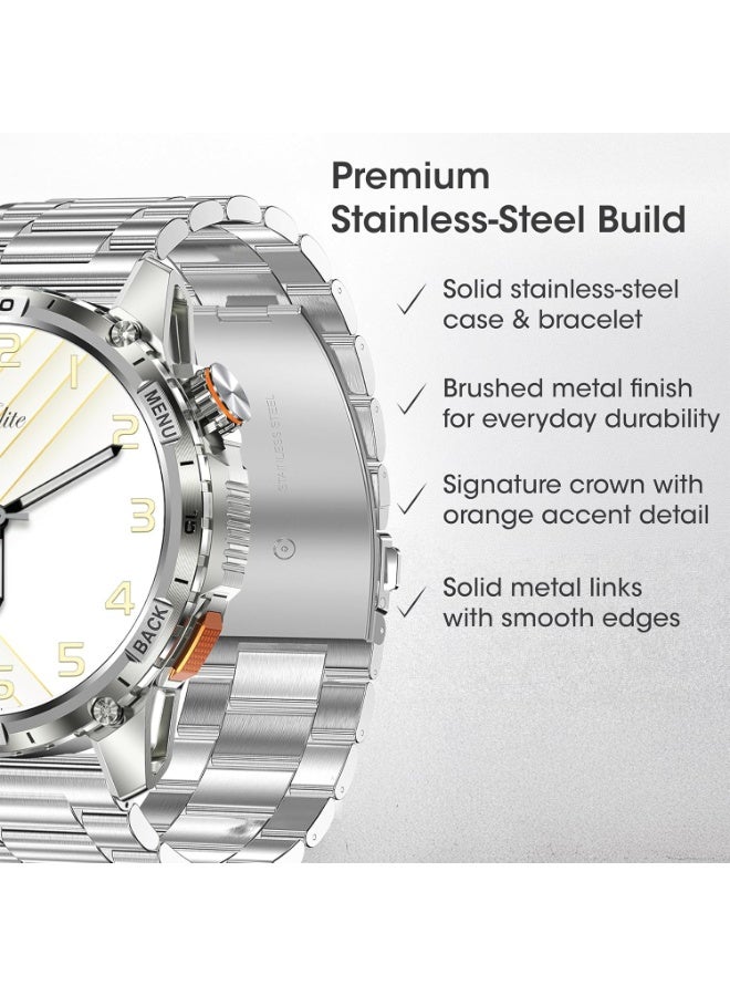 Xcell ELITE8 Smartwatch 1.43" AMOLED Display | Bluetooth Calling | IP67 Waterproof | Wireless Charging | Heart Rate, SpO2 Monitor | Multi-Sport Modes | iOS/Android-Silver Frame with Silver Metal Strap - Image 4