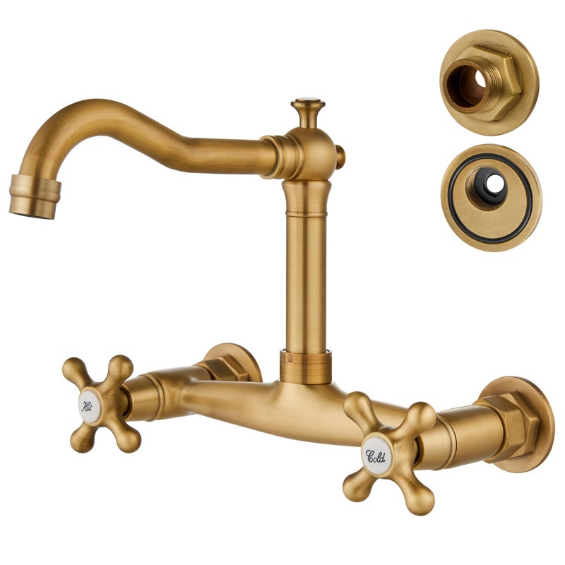Airuida Wall Mounted 8 Inch Center Kitchen Sink Faucet Commercial Wall Mount Kitchen Tap Double Cross Handles 360 Rotatable Spout for Utility Laundry Restaurant Vintage Spout Antique Brass