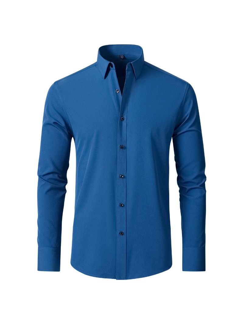 Loquat Stretch Non-Iron Anti-Wrinkle Shirt, Men Long Sleeve Button Wrinkle Free Slim Fit Business Shirt Peacock Blue 
