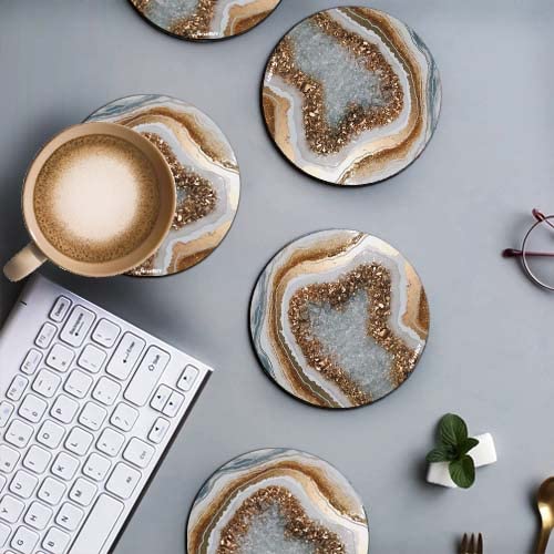 FirseBUY مجموعة فنجان 6 قطع من الأكواب بتصميم رخامي فني مطبوع من مادة MDF الخشبية للأكواب المقاومة للحرارة، أكواب دائرية للمنزل ومكتب الطعام وزينة المنزل 35 بوصة - Image 4
