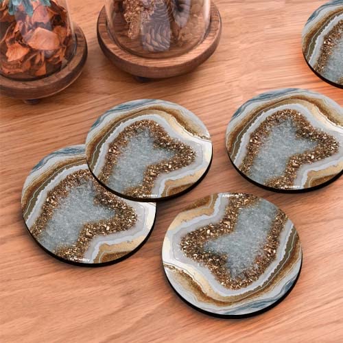 FirseBUY مجموعة فنجان 6 قطع من الأكواب بتصميم رخامي فني مطبوع من مادة MDF الخشبية للأكواب المقاومة للحرارة، أكواب دائرية للمنزل ومكتب الطعام وزينة المنزل 35 بوصة - Image 3