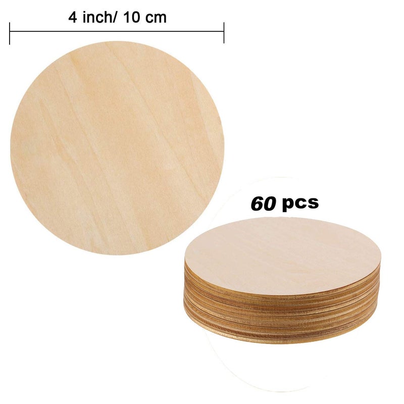 Phinicco 60 Pack 4 Inch Wood Circles for Crafts, Unfinished Wooden Rounds for Painting, Kids Crafts, Burning, Coasters - Image 3