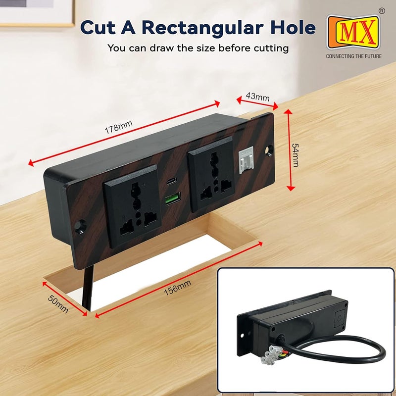 MX MX Power Strip Desktop Socket Box with 2 Universal Socket RJ45CAT 6 Connector USB AC 1830W PD Connection Box for Conference Desk Office Home Hotel  - Image 5
