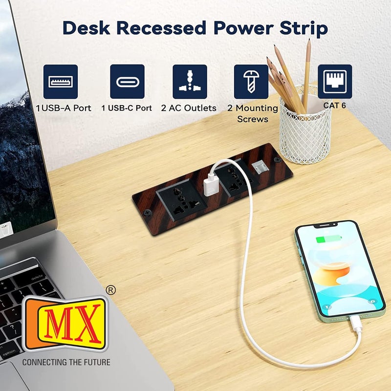 MX MX Power Strip Desktop Socket Box with 2 Universal Socket RJ45CAT 6 Connector USB AC 1830W PD Connection Box for Conference Desk Office Home Hotel  - Image 3