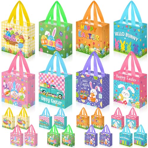 Gilprop 32 Pcs Easter Gift Bags Bulk with Handles Easter Egg Hunt Tote Bag Reusable Non Woven Bunny Holiday Goodie Basket for Carrot Chick Egg Hunt Game Party Favors 8 Unique Patterns - Image 1