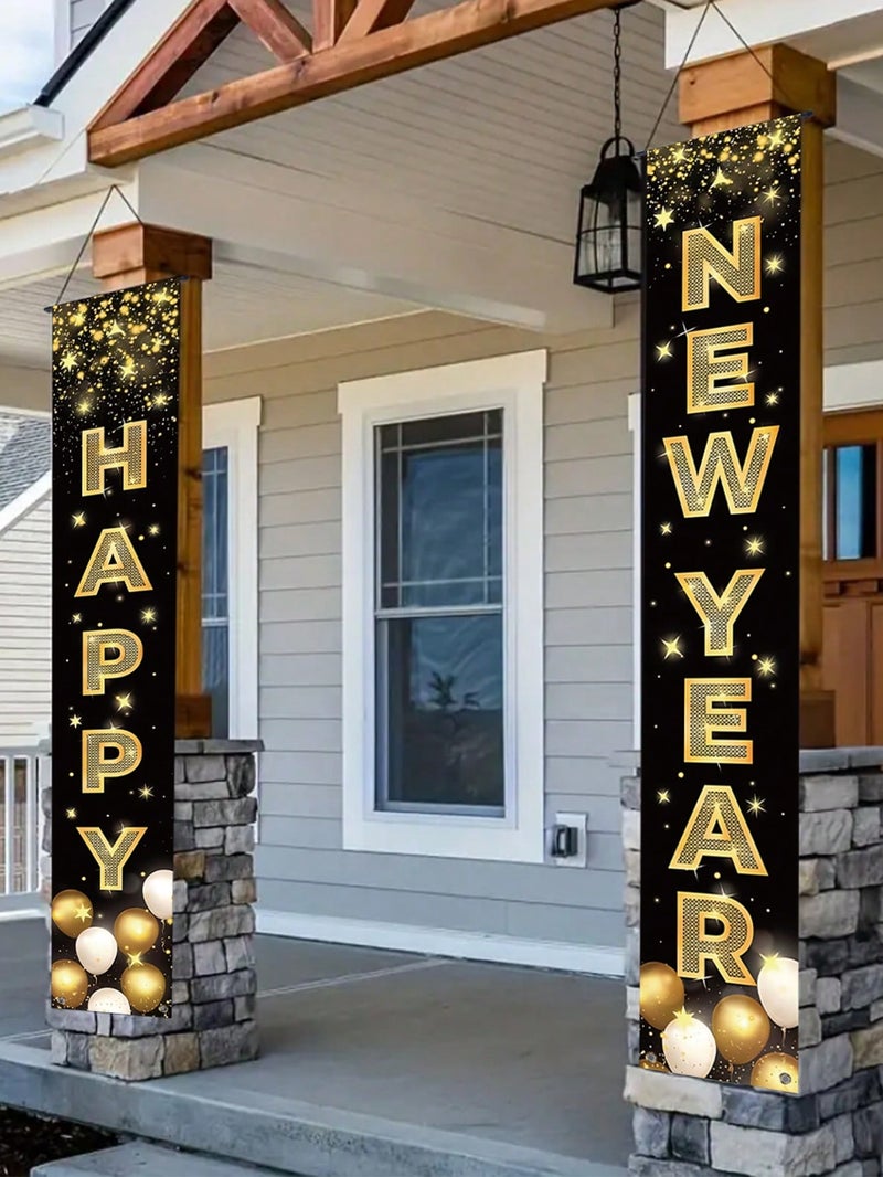 Happy New Year 2026 Door Banners – 2-Piece Polyester Hanging Decoration Black & Gold - New Year 2026 - Image 2