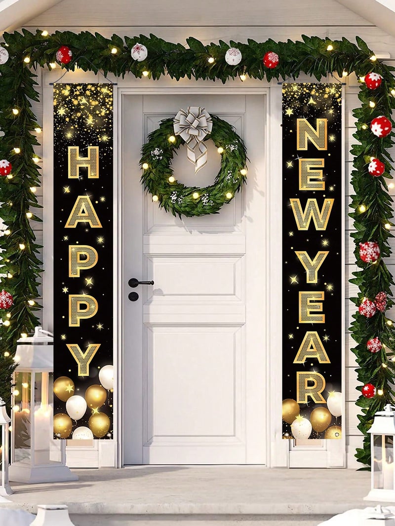 Happy New Year 2026 Door Banners – 2-Piece Polyester Hanging Decoration Black & Gold - New Year 2026 - Image 1