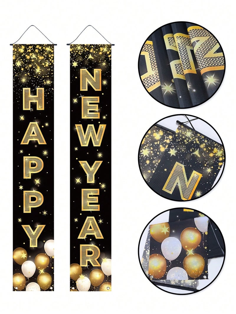 Happy New Year 2026 Door Banners – 2-Piece Polyester Hanging Decoration Black & Gold - New Year 2026 - Image 3