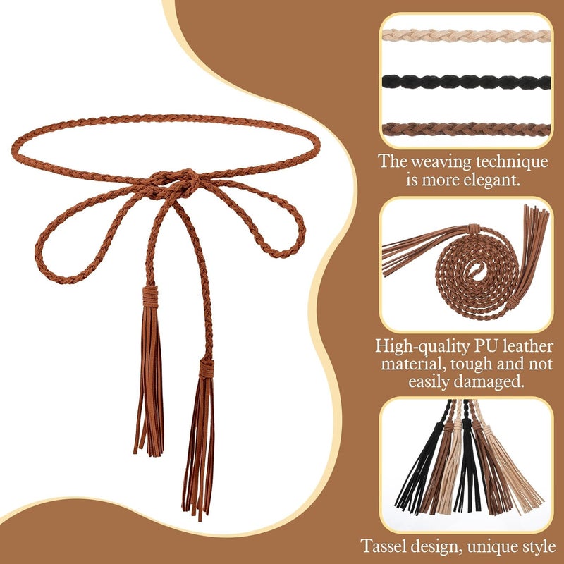Women's Woven Rope Belt, Bohemian Tassel Tie Belt for Dress, Skirt, Jeans Decoration for Women and Girls (Black, Brown, Khaki) - Image 4