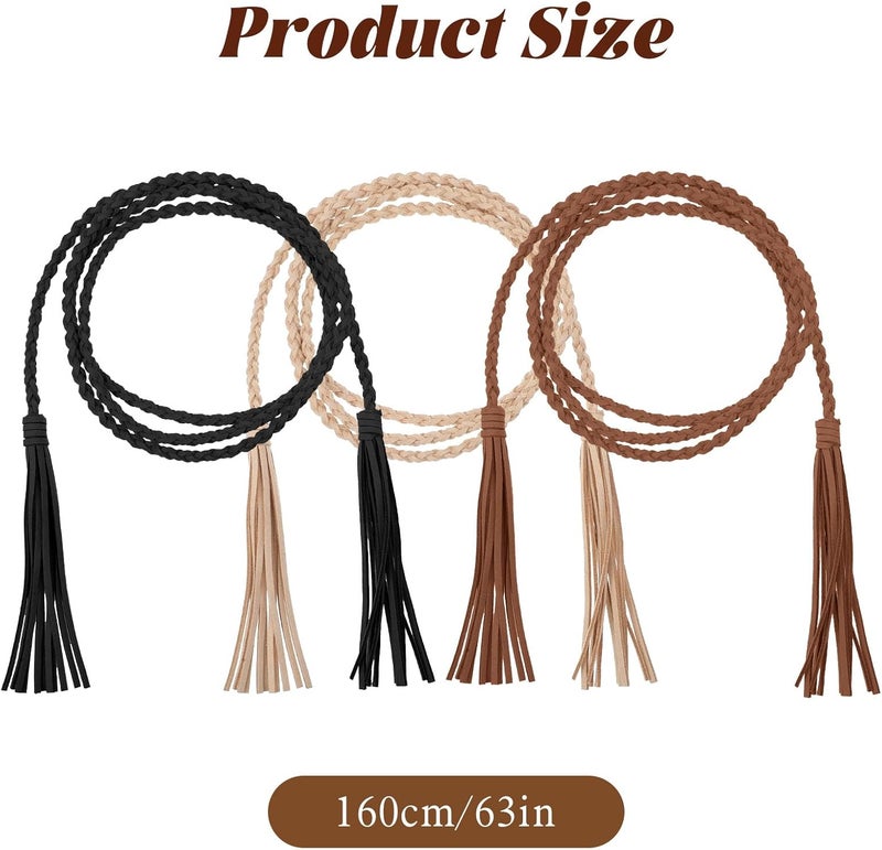 Women's Woven Rope Belt, Bohemian Tassel Tie Belt for Dress, Skirt, Jeans Decoration for Women and Girls (Black, Brown, Khaki) - Image 2