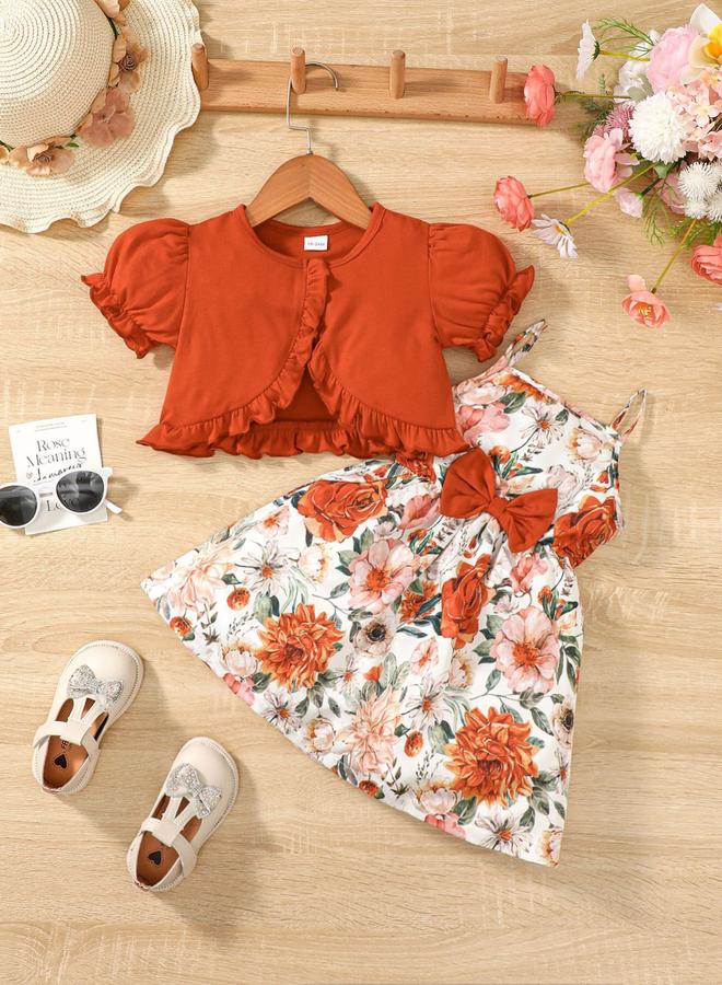 Take Two Girls Floral Print Bow Cami Dress and Ruffled Bolero Set - Image 1