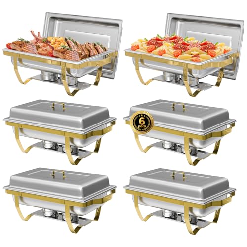 IMACONE Chafing Dish Buffet Sets of 6 8QT Stainless Steel Rectangular Chafers and Buffet Warmer Sets for Catering with Food Water Pan Lid Gold Foldable Frame Fuel Holder for Event Party Holiday