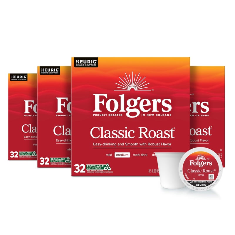 Folgers Classic Roast Medium Roast Coffee, 128 Keurig K-Cup Pods - Image 1