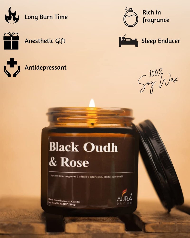 AURA DECOR AuraDecor Scented Jar Candle | Handpoured Soy Wax Candle with Long Lasting Burn Time | Premium Amber Jar Aromatherapy Candle | Ideal Gift for Home & Décor (Large, Black Oudh & Rose) - Image 3