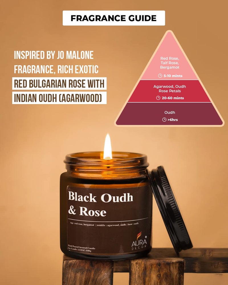 AURA DECOR AuraDecor Scented Jar Candle | Handpoured Soy Wax Candle with Long Lasting Burn Time | Premium Amber Jar Aromatherapy Candle | Ideal Gift for Home & Décor (Large, Black Oudh & Rose) - Image 2