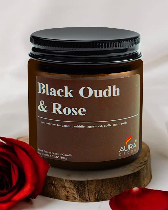 AURA DECOR AuraDecor Scented Jar Candle | Handpoured Soy Wax Candle with Long Lasting Burn Time | Premium Amber Jar Aromatherapy Candle | Ideal Gift for Home & Décor (Large, Black Oudh & Rose) - Image 1