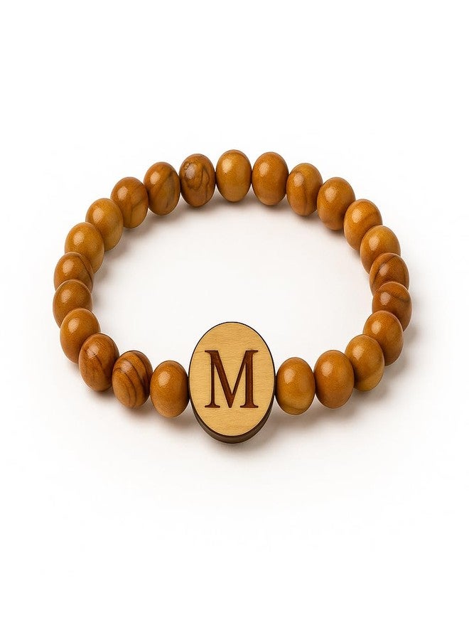 SANAD Bracelet with Letter M - Handmade Olive Wood Initial Bracelet - Natural Adjustable Gift from the Holy Land - Image 1
