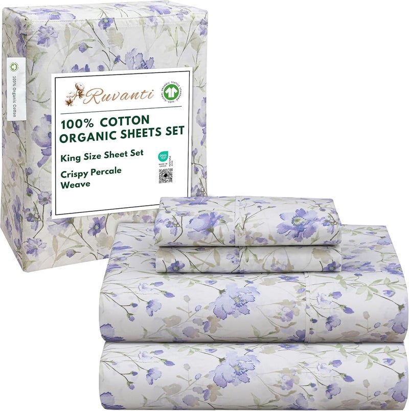 RUVANTI 100% Organic Cotton Sheets King Size, Percale Weave, GOTS Certified, 4-Piece Set, Deep Pocket 15", Crisp & Breathable, Soft Durable Bedding, Sábanas Algodón Orgánico – Heather - Image 1