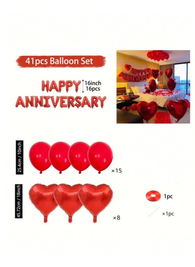 Anniversary Celebration Balloons – A Set of 41 Pieces Including Heart-Shaped Balloons, Red Latex Balloons, and "Happy Anniversary" Letter Balloons to Add a Special and Unique Touch to Your Party.