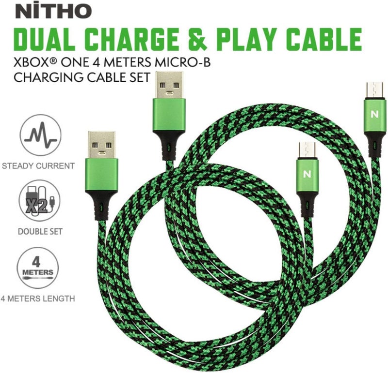 NITHO Set Of 2 Charge and Play Cables Compatible with Xbox One and Playstation 4 Controllers, 4 Meters Extra Long USB-A to Micro-USB Charger Cable Power Cord (2 Cables, Green) - Image 2