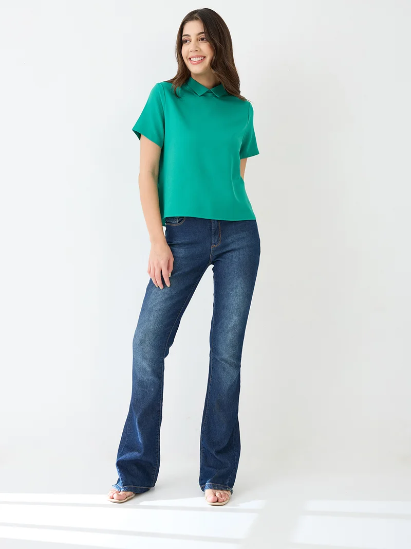 جلو باص Women Green Short Sleeves Collared Neck Back Button Shirt Style Workwear Top