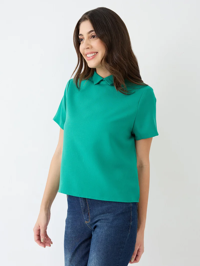 جلو باص Women Green Short Sleeves Collared Neck Back Button Shirt Style Workwear Top