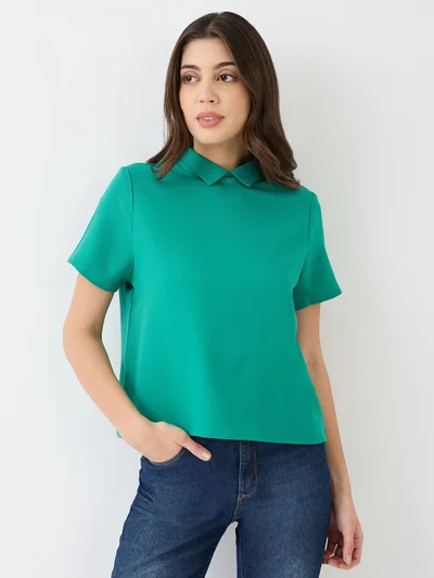 جلو باص Women Green Short Sleeves Collared Neck Back Button Shirt Style Workwear Top