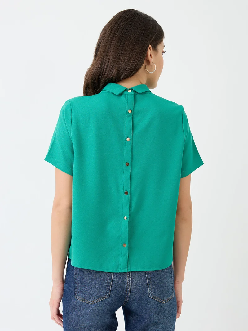 جلو باص Women Green Short Sleeves Collared Neck Back Button Shirt Style Workwear Top