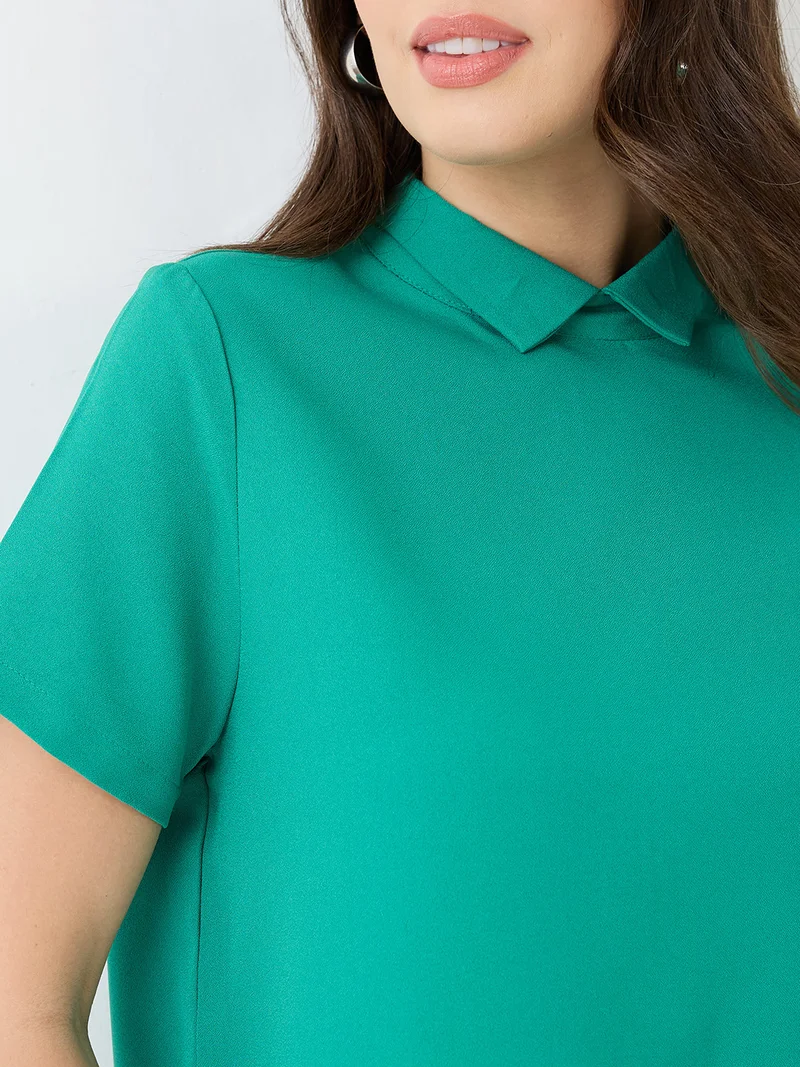 جلو باص Women Green Short Sleeves Collared Neck Back Button Shirt Style Workwear Top