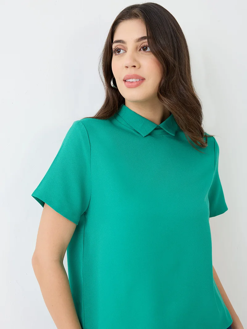 جلو باص Women Green Short Sleeves Collared Neck Back Button Shirt Style Workwear Top