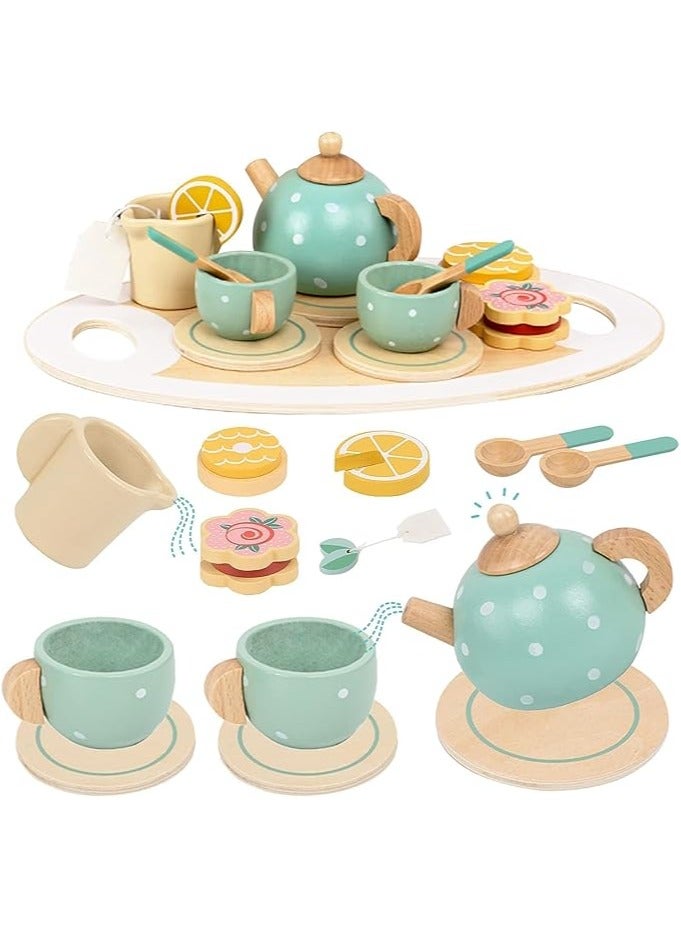 Wooden Tea Set for Little Girls Play Food Pretend Play Kitchen Accessories for 36 Months Old Girls and Boys Toddler Princess Tea Time Party Food Toys, Sensory Toys, Toddler Toys - Image 1