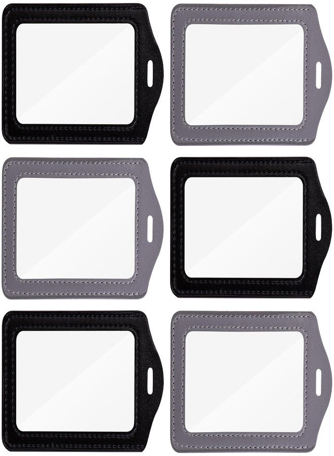 Mxxipp 6pcs Leather ID Badge Holder, Vertical Double Sided Clear ID Card Holder, Waterproof Name Badge Holder for School Office Teachers Students Staff- Black & Gray - Image 1