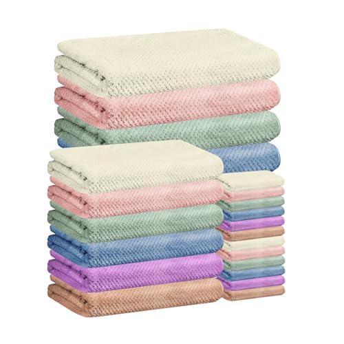 SENONAPO 24 Pcs Towels Set 6 Bath Sheets 6 Washcloths and 12 Hand Towels Reusable Absorbent Quick Dry Colorful Coral Velvet Towel for Shower Bath Spa Hotel Bathroom Supplies Multicolor - Image 1