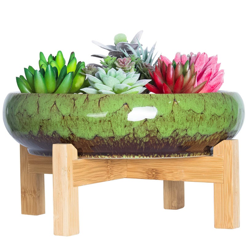 ARTKETTY Succulent Pot 10 Inch Large Succulent Planter Pot with Stand Ceramic Bonsai Pot with Mess Drainage Screen Shallow Cactus Flower Pot for IndoorOutdoor Plants