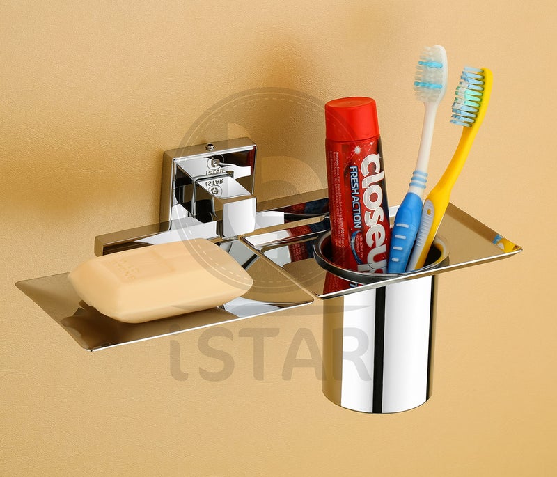 iSTAR Stainless Stainless Steel Soap Dish with Tumbler Holder/Soap Case with Toothbrush Stand/Soap Stand/Tooth Brush Holder/Bathroom Accessories (Chrome) Pack of 1 - Image 2