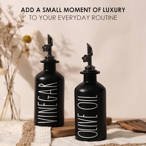 HOMCDALY Premium Olive Oil Dispenser for Kitchen, 11.8oz Glass Oil Bottles with Bamboo Tray, Black Oil&Vinegar Cruet Set, Kitchen Dispenser Bottles with Pourer | Set of 2 (11.8oz –P–Black) - Image 3