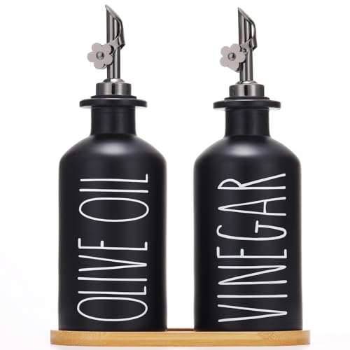 HOMCDALY Premium Olive Oil Dispenser for Kitchen, 11.8oz Glass Oil Bottles with Bamboo Tray, Black Oil&Vinegar Cruet Set, Kitchen Dispenser Bottles with Pourer | Set of 2 (11.8oz –P–Black) - Image 1