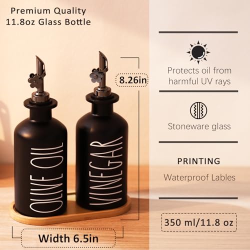 HOMCDALY Premium Olive Oil Dispenser for Kitchen, 11.8oz Glass Oil Bottles with Bamboo Tray, Black Oil&Vinegar Cruet Set, Kitchen Dispenser Bottles with Pourer | Set of 2 (11.8oz –P–Black) - Image 4