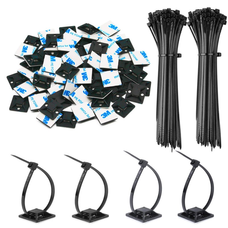Rythcraft 50 Pack 15 inch Zip Tie Adhesive Mounts Self Adhesive Cable Tie Base Holders with MultiPurpose Tie wire clips with screw holeAnchor stick on wire holder with 8 inch zip tiesBlack - Image 2