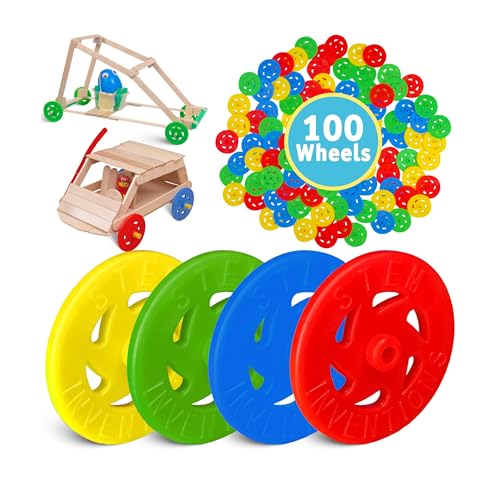 STEM Inventions Toy Wheels Bulk Pack of 100 Small Plastic Toy Wheels for STEM Projects DIY Cars and Crafts - Image 1