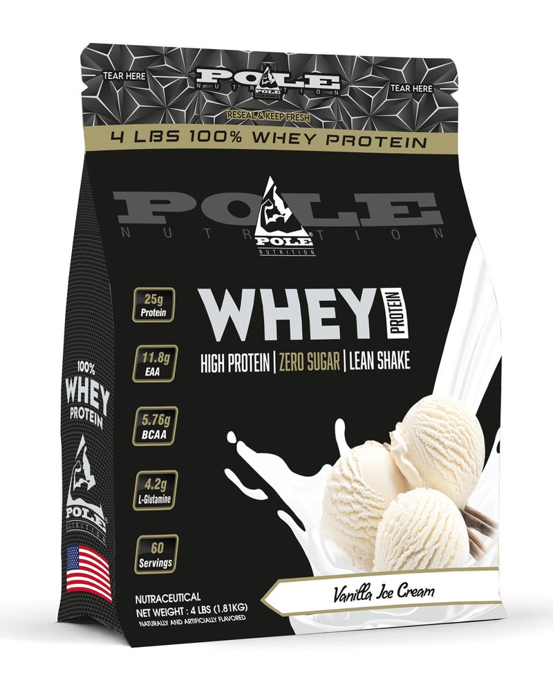 POLE NUTRITION بروتين مصل اللبن 100% 4 رطل (1.81 كجم) - مشروب بروتين عالي مع صفر سكر (آيس كريم فانيليا) - Image 1